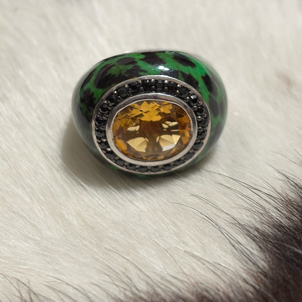 Sterling Silver Onyx, Honey Topaz & Enamel Ring size 7